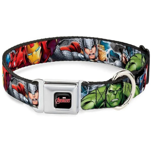 Buckle Down Seatbelt Style Dog Collar with Marvel Avengers Superhero Poses