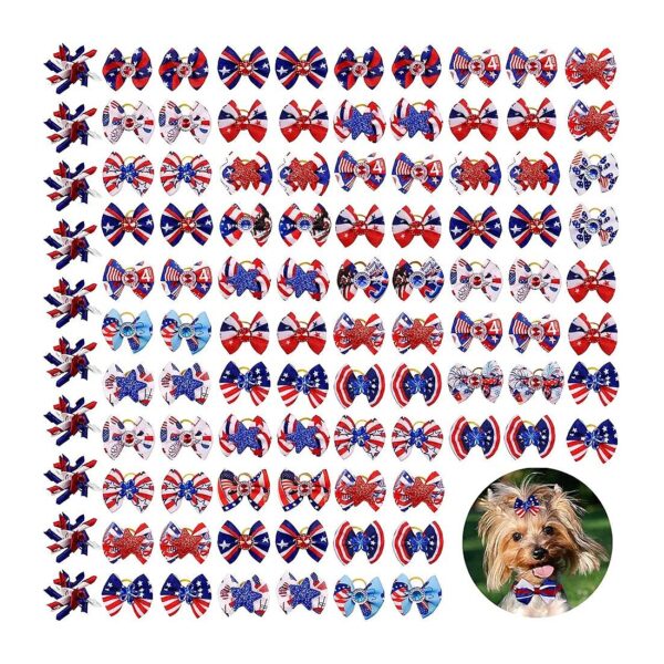 Bulk Small Dog Hair Bows - 100Pcs/50Pairs American Flag Pattern Patriotic Pet Accessories