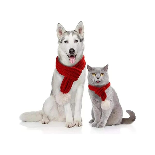 Cat Christmas Knitted Acrylic Pet Scarf with White Pompom Warm Bandanas