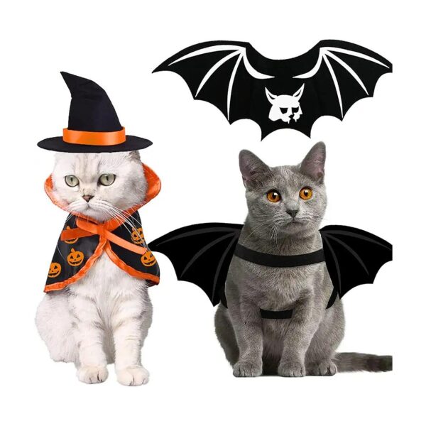 Cat Kitten Puppy Halloween Costume with Bat Wings Wizard Hat Cape for Pumpkin Party