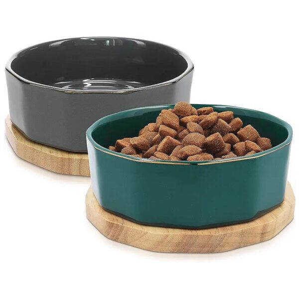 Ceramic Dog Bowls with Oak Underlay for Cats and Small to Medium Dogs