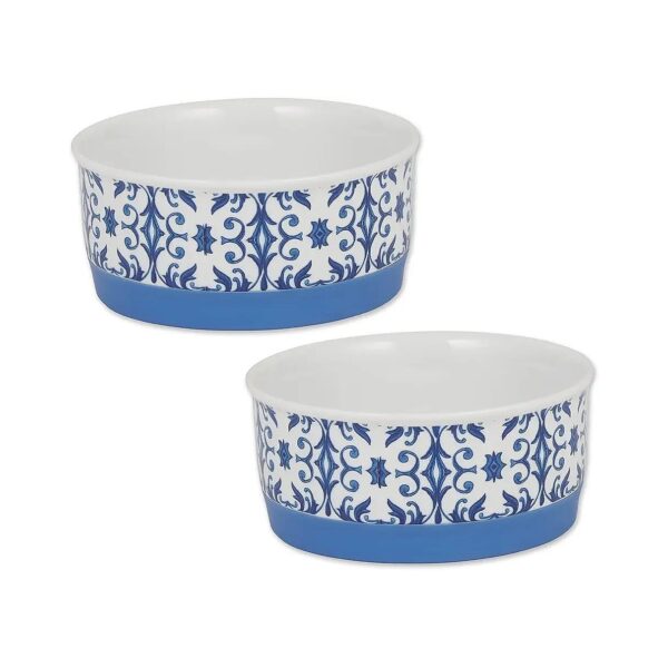 Ceramic Pet Bowls for Small to Medium Pets, Blue Tile Design, 2 Count