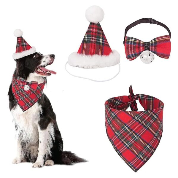 Christmas Dog Accessories Red Plaid Bandana Hat and Bow Tie Set for Dogs