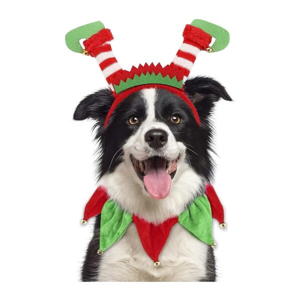 Christmas Dog Outfit With Pet Elf Headband And Xmas Tutu Collar