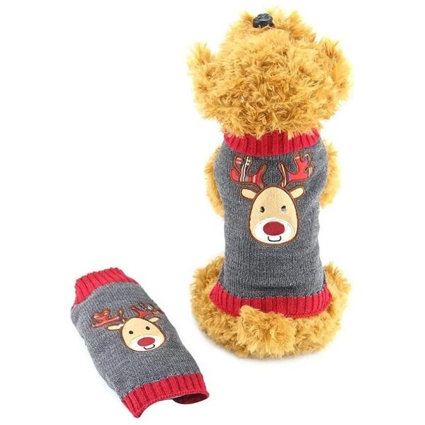 Christmas Pet Sweater with Adjustable Neck and Chest - Gray Reindeer Knitted Design