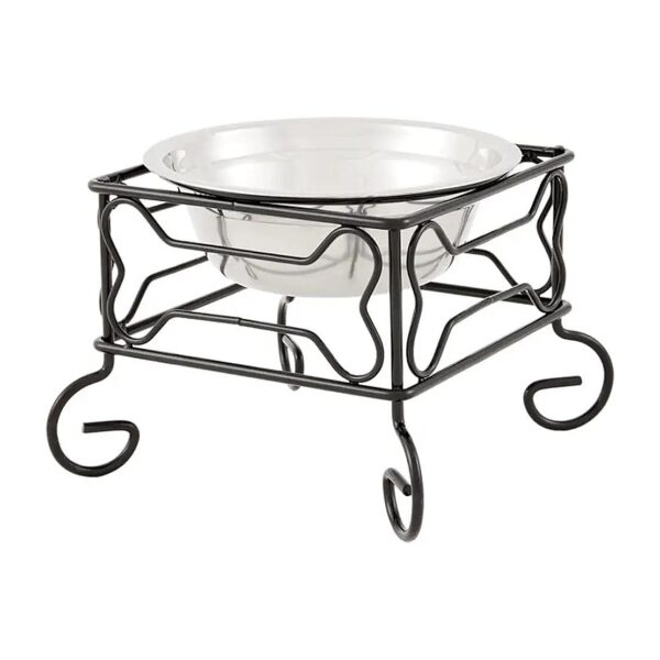 Classic Bone Design Stainless Steel Dog and Cat Feeder Bowl with Black Wrought Iron Stand