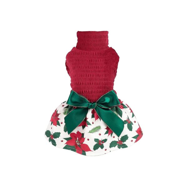 Classic Christmas Floral Pattern Dog Dress with Poinsettia Flower Design for Tiny Puppies