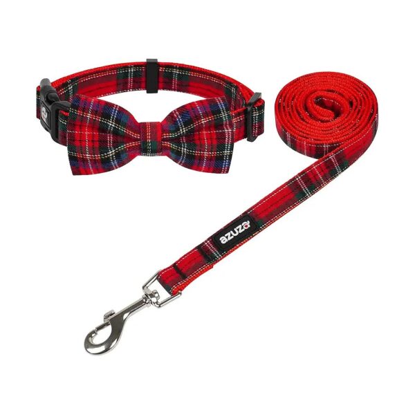 Classic Plaid Christmas Buffalo Dog Collar and Leash Set with Bowtie for Small Breeds