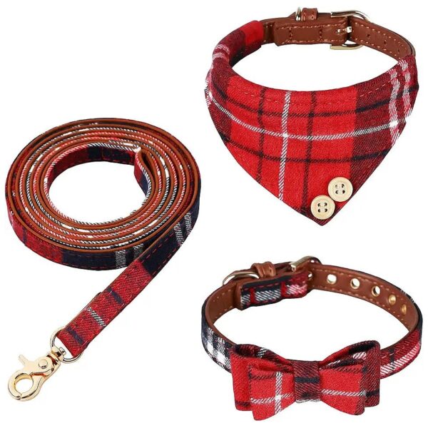 Classic Red Plaid Dog Bandana Collar and Leash Combo for Puppy Cats