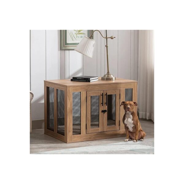 Classic Wooden Dog Crate Furniture with Double Doors and Cushion