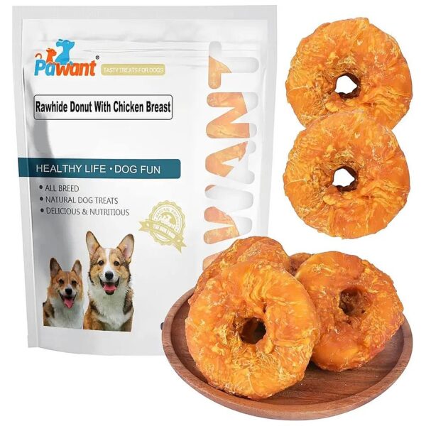 Clean Teeth Treats for Large Dogs, Chicken Wrapped Rawhide Donuts, Long Lasting