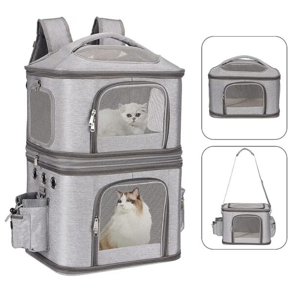 Comfortable Double Pet Carrier Backpack for Cats and Small Dogs with Side Pockets Grey