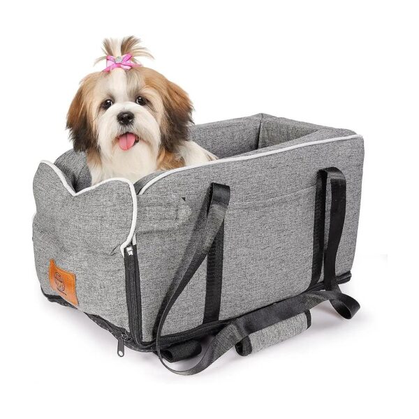 Comfortable Grey Pet Car Seat with Adjustable Straps for Small Dogs Up to 12Lbs