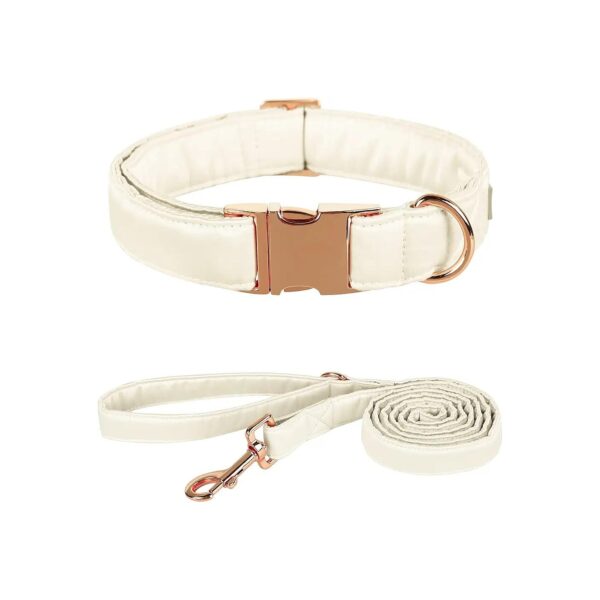 Comfortable Silk Dog Collar and Leash Set, Off White, Metal Buckle, Adjustable