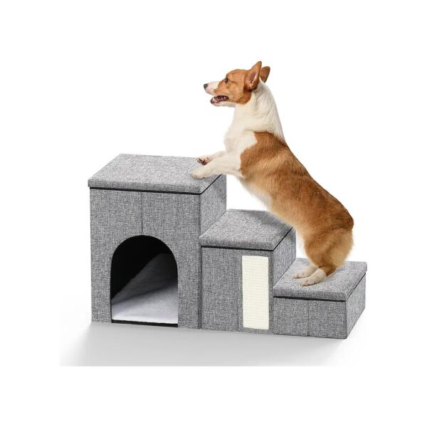 Compact Pet Stairs for Small Dogs with 3-Step Ramp, Non-Slip Bottom, and Storage