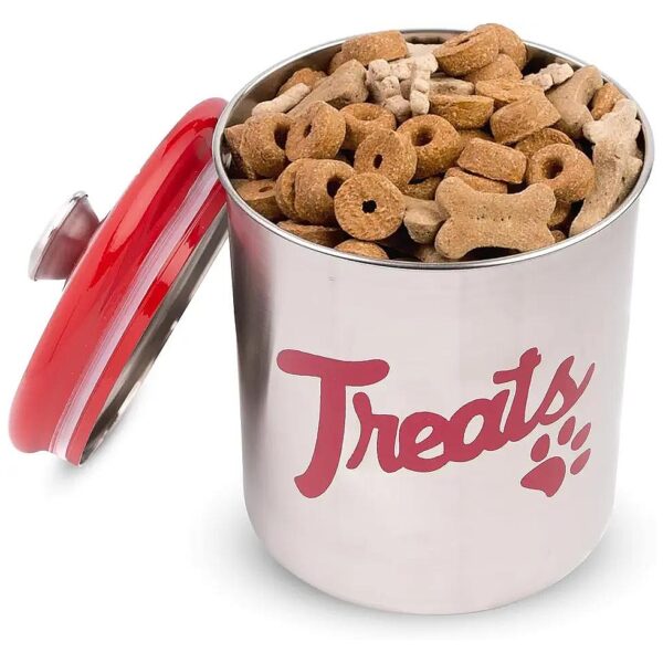 Compact Stainless Steel Pet Treat Jar with Red Lid for Kitchen Countertop Storage