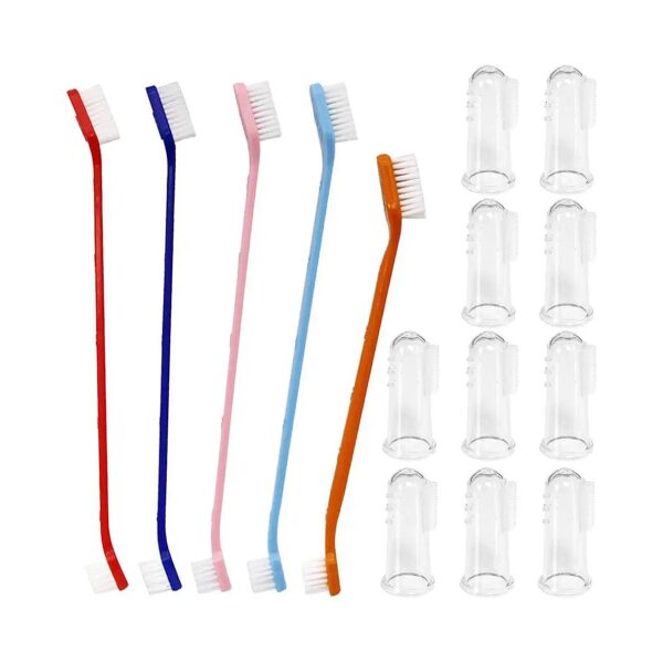 Complete Pet Toothbrush Set with 5 Dual-Headed Toothbrushes and 10 Finger Brushes