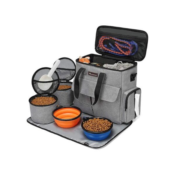 Comprehensive Pet Travel Organizer Kit with Food Storage Containers and Collapsible Bowls