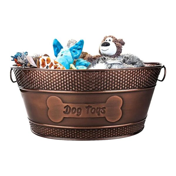 Copper Galvanized Metal Dog Toy Storage Bin for Multi-Dog Households and Large Breed Dogs