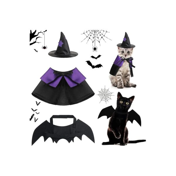 Costume for Small Pets with Bat Costume Wizard Hat and Cloak for Halloween Party