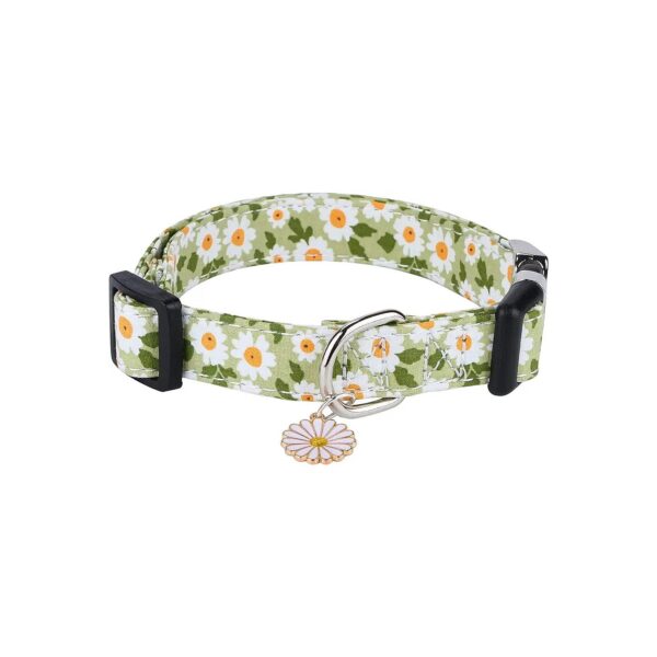 Cotton Dog Collar for Small Medium Large Dogs Green Daisy Pattern Adjustable Pet Collar