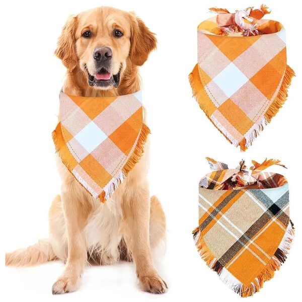 Cotton Dog Fall Scarf Orange White Plaid Design for Boy and Girl Medium Large Dogs