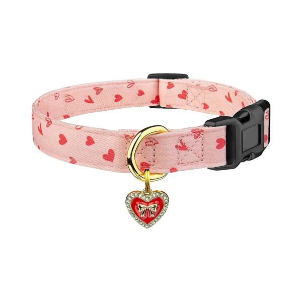 Cotton Pink Heart Pattern Handmade Dog Collar with Pendant for Small Medium Large Dogs