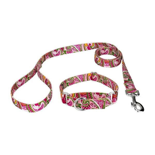 Country-Style Pink Paisley Patterned Dog Collar and Leash Set for Medium Size Pets