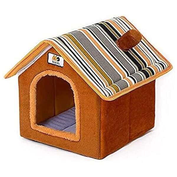 Cozy Brown Dog Cat House with Removable and Washable Plush Bed for Comfortable Sleeping