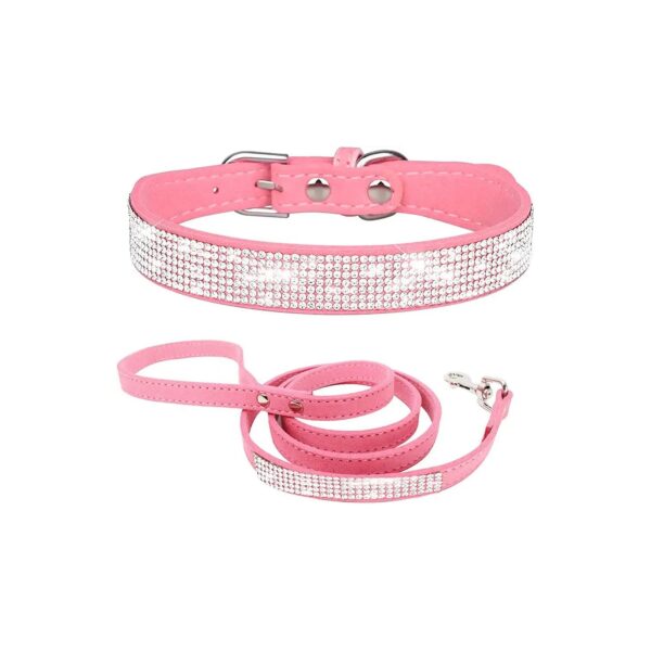 Crystal Diamond Collar and Leash Set for Small to Large Dogs and Kitten with Pink Color