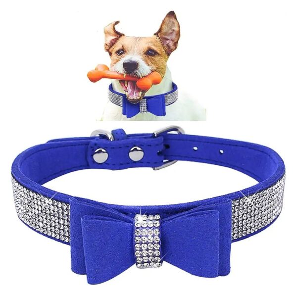 Crystal Dog Collar with Bow Tie for Small to Medium Dogs Royal Blue Velvet