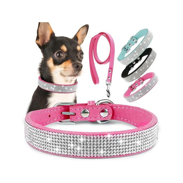 Crystal Rhinestone Dog Collar and Leash Combination for Petite Pets to Medium-Sized Dogs