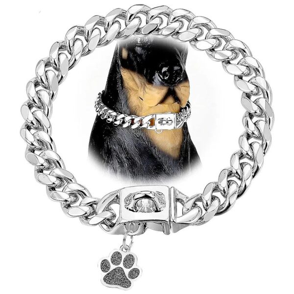 Cuban Link Dog Chain Collar in Silver 20-Inch Long with Paw Blank Dog Tag and Snap Buckle