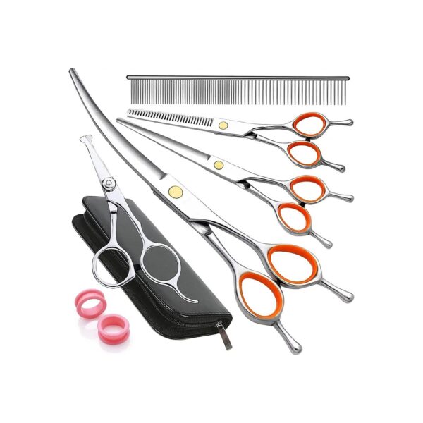 Curved Dog Grooming Scissors Set with Straight Cutting Thinning and Comb for Pet Haircuts