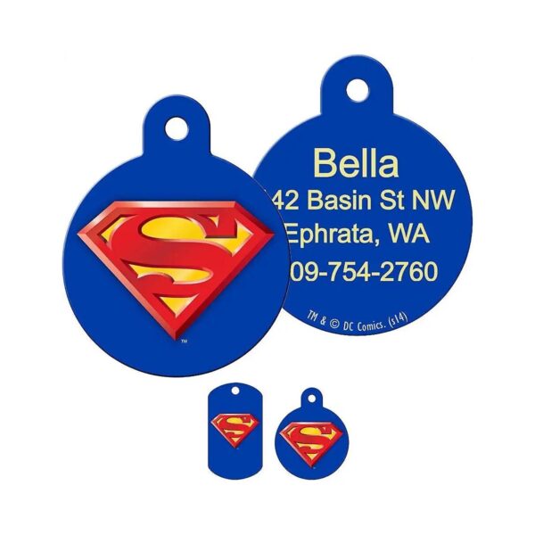 Custom Dog and Cat ID Tags with Superman Pattern, Up to 4 Lines of Text, Large