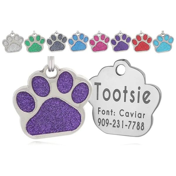 Custom Engraved Large Purple Glitter Paw Pet ID Tag with Stainless Steel