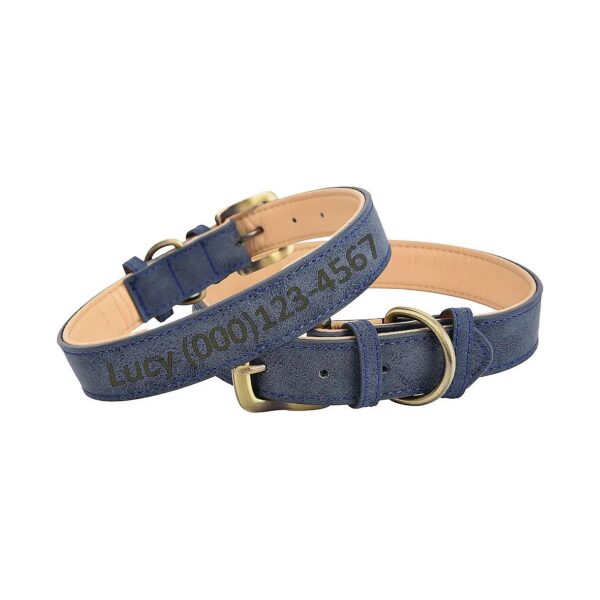 Customizable Blue Leather Dog Collar with Phone Number Engraving for Boys and Girl Dogs