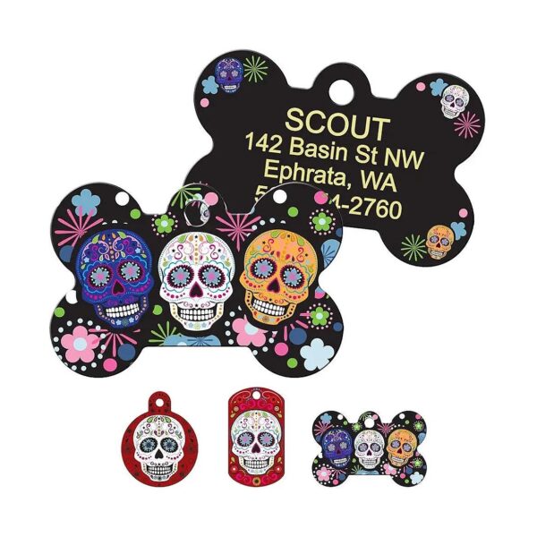 Customizable Day of the Dead Skull Pet ID Tag with UV Cured Paint Finish