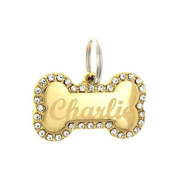 Customizable Gold Plated Bone Shape Dog Tag with Clear Rhinestones and Gift Box