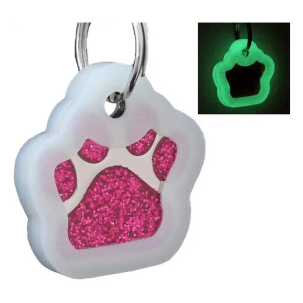 Customizable Metallic Pet ID Tag in Paw Shape with Easy to Read Font and Glitter Accents