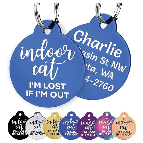 Customized Small Round Cat ID Tag with Blue Finish and 4 Lines of Personalized Text