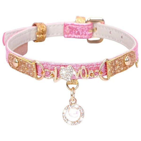 Cute Adjustable Pink Leather Collar with Pearl Pendant for Cats and Small Dogs