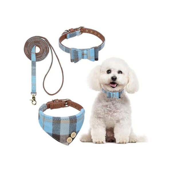 Cute Adjustable Plaid Dog Collar with Leash and Bell for Small Dogs