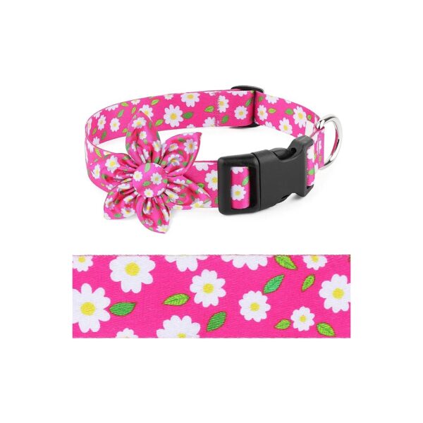 Cute Daisy Pink Dog Collars with Flower Bow for Small Medium Large Dogs Soft Webbing