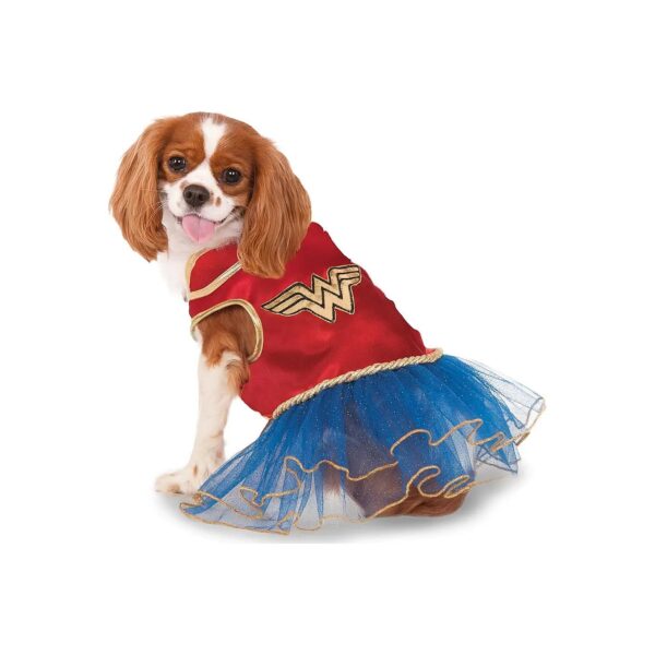 DC Comics Inspired Wonder Woman Pet Dress with Blue Tutu and Gold Accents for Small Dogs