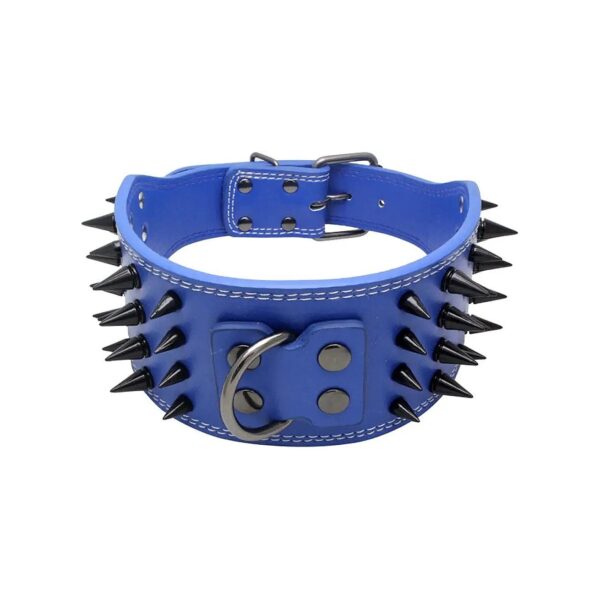 Dark Blue Leather Dog Collar with Center Heavy-Duty D-Ring and Spikes for Large Breeds