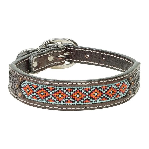 Dark Brown Leather Dog Collar with Basket Weave Tooling and Inlay Beading