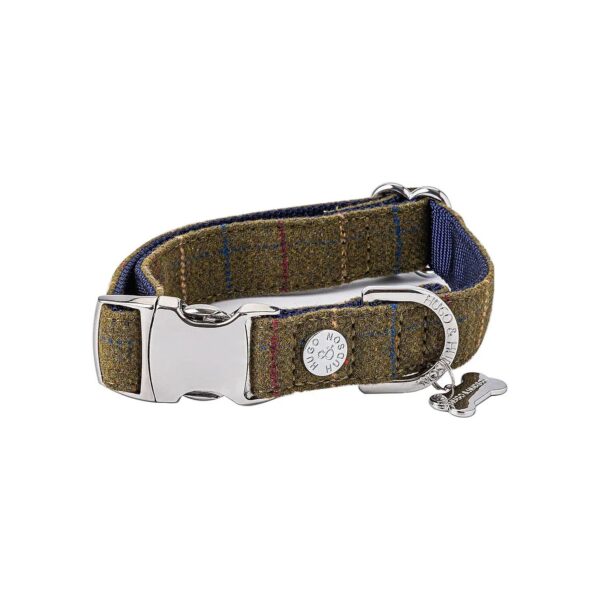 Dark Green Tweed Checkered Dog Collar with Quick Release Metal Safety Buckle