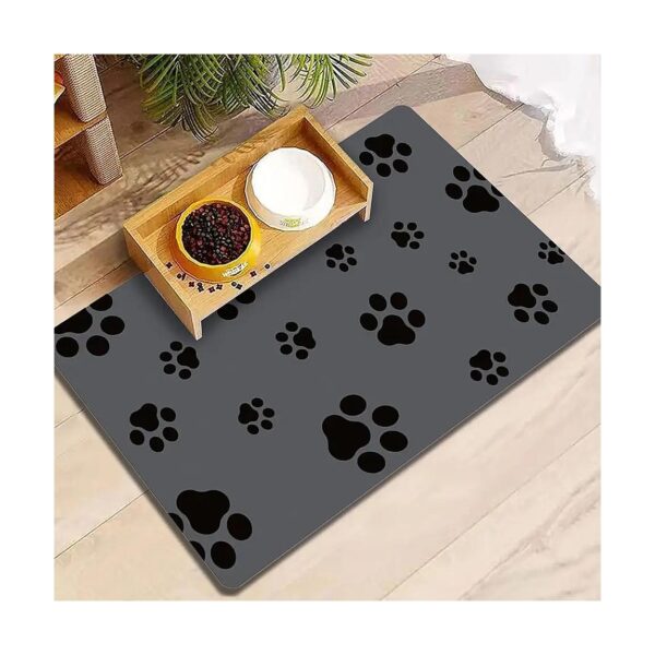 Dark Grey Pet Food Mat for Dog and Cat Feeding with Footprints and Non-Skid Back