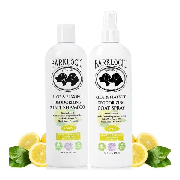 Deodorizing Dog Coat Spray and Shampoo with Natural Enzymes and Lemon Oil